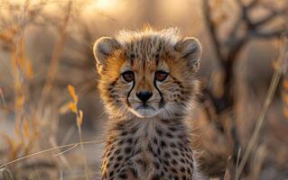 ai généré guépard lionceau séance dans le herbe et à la recherche à caméra photo