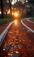 ai généré rails et feuilles dans le le coucher du soleil photo