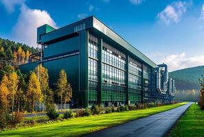 ai généré moderne industriel bâtiment dans le forêt photo