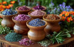 ai généré séché herbes et fleurs dans en bois mortier et pilon photo