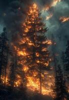 ai généré forêt Feu. une arbre Feu dans le forêt photo