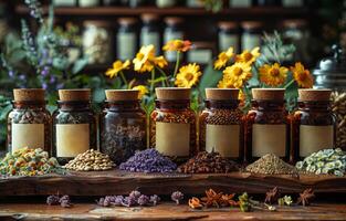 ai généré le ancien chinois médicament herbes et infusions photo