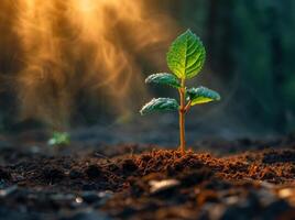 ai généré Jeune plante croissance dans le Matin lumière et fumée photo