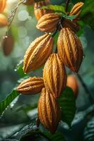 ai généré cacao des haricots pendaison sur arbre proche en haut photo