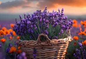 ai généré panier avec lavande dans le le coucher du soleil photo