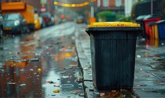 ai généré Jaune poubelle pouvez est entouré par poubelle sur pluvieux journée. photo