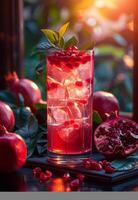 ai généré Grenade jus et Grenade des fruits sur en bois table photo