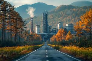 ai généré route à le chimique plante. une grand usine situé dans le la nature paysage photo