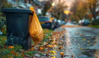 ai généré Jaune Plastique sac est la gauche sur poubelle dans le rue dans l'automne photo