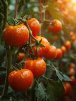 ai généré mûr rouge tomates grandir sur branche dans serre photo