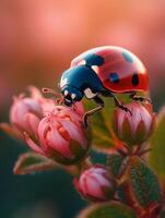 ai généré coccinelle sur fleur dans le lumière du soleil photo