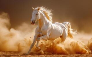 ai généré blanc cheval court vers l'avant sur le le sable dans le poussière sur le ciel Contexte photo