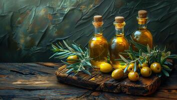 ai généré olive pétrole et Olives avec feuilles sur le en bois table photo