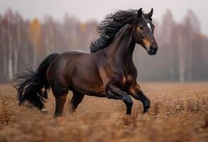 ai généré noir cheval court sur le champ dans l'automne photo