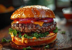 ai généré délicieux juteux du boeuf Burger avec salade fromage oignon et tomate sur rustique en bois tableau. photo