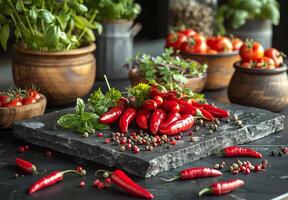 ai généré Frais rouge chaud le Chili poivrons et assorti le Chili poivrons Ingrédients sur noir pierre planche photo