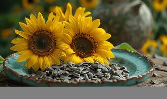 ai généré tournesols et tournesol des graines dans bol photo