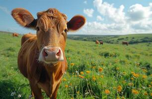 ai généré marron vache des stands dans vert champ avec Jaune fleurs. photo