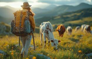 ai généré femme randonnée dans le montagnes et en train de regarder vaches photo