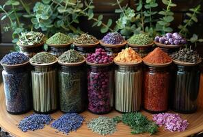 ai généré à base de plantes médicament et séché herbes dans verre pots sur en bois table photo