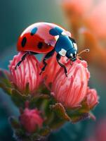 ai généré coccinelle sur fleur dans le soir photo