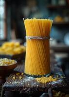 ai généré brut spaghetti dans verre pot sur en bois table photo