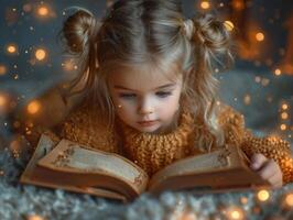 ai généré mignonne peu enfant fille est en train de lire la magie livre mensonge sur le lit photo