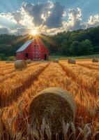 ai généré rouge Grange et foins balles asseoir dans champ à le coucher du soleil photo