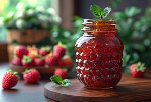 ai généré fraise confiture dans verre pot et Frais des fraises sur en bois table photo