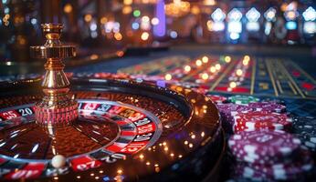 ai généré roulette et piles de jeux d'argent frites sur vert table dans casino photo