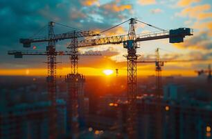 ai généré construction grues et gratte-ciel bâtiments dans le Contexte de le le coucher du soleil photo