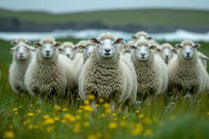 ai généré troupeau de mouton. une mouton troupeau sur herbeux Contexte photo