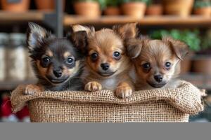 ai généré Trois mignonne chihuahua chiots dans panier photo