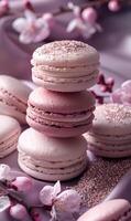 ai généré français macarons avec amande pétales et rose Cerise fleurs sur violet Contexte photo