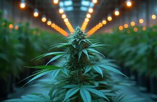 ai généré cannabis plante grandit dans serre en dessous de brillant lumières. photo
