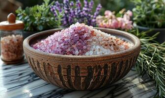 ai généré bol de rose et blanc une baignoire sels photo