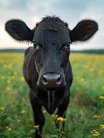 ai généré Jeune noir veau est permanent dans vert champ et à la recherche à le caméra. photo