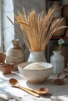 ai généré blanc céramique bol avec riz et en bois cuillères sur le table photo