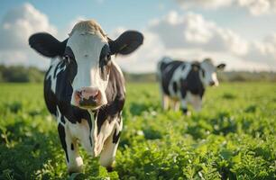 ai généré deux vaches permanent dans champ photo