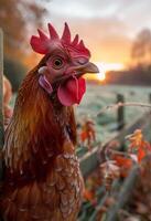 ai généré poulet est assis sur clôture à le coucher du soleil photo