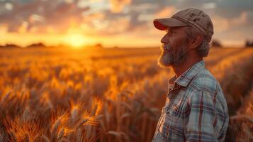 ai généré Sénior agriculteur permanent dans blé champ à la recherche en dehors plus de le sien surgir à le coucher du soleil photo