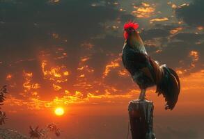 ai généré coq chant sur pôle à lever du soleil photo