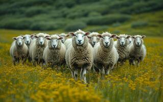 ai généré grand troupeau de mouton. une mouton troupeau sur herbeux Contexte photo