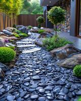 ai généré petit courant ou petit cascade écoulement par magnifique jardin photo