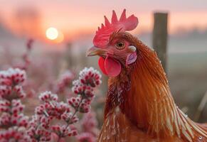 ai généré coq des stands dans champ de givré fleurs à lever du soleil. photo