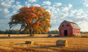 ai généré rouge Grange et foins balles asseoir dans champ sur ensoleillé l'automne Matin photo