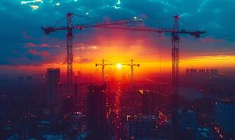 ai généré construction grues et gratte-ciel bâtiments dans le Contexte à le coucher du soleil photo