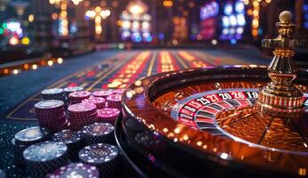 ai généré casino thème. roulette roue dans mouvement et brillant et coloré Contexte photo