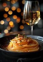 ai généré spaghetti avec bolognaise sauce et verre de blanc du vin photo