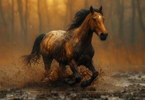 ai généré magnifique fort cheval court dans le l'eau et éclaboussures mouche de le sabots. photo